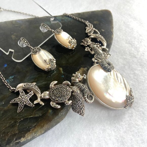 Sterling Silver 925 MOP Marcasite Sea Life Shell Panel Necklace & Earring Set - Picture 6 of 16